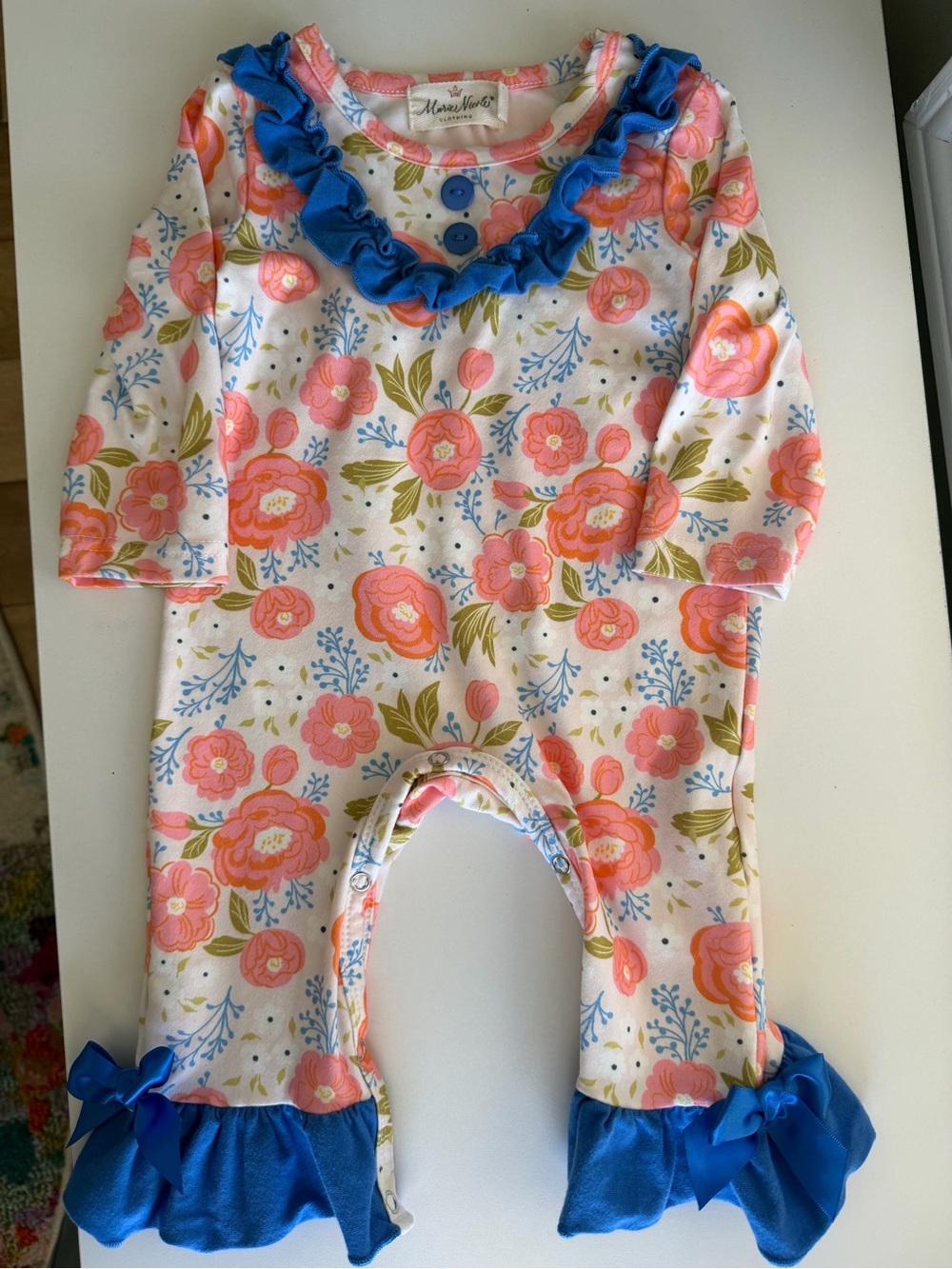 Marie Nicole Coral Floral Ruffle Baby One-Piece Romper - Blue Bow trim